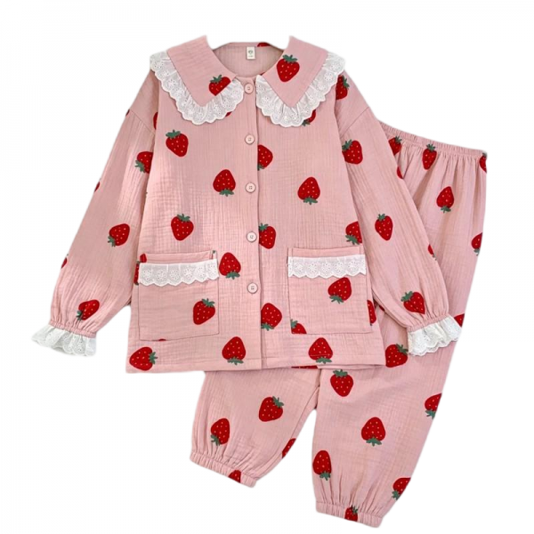 Blush Pink Strawberry Print Pajama Set with Lace Details