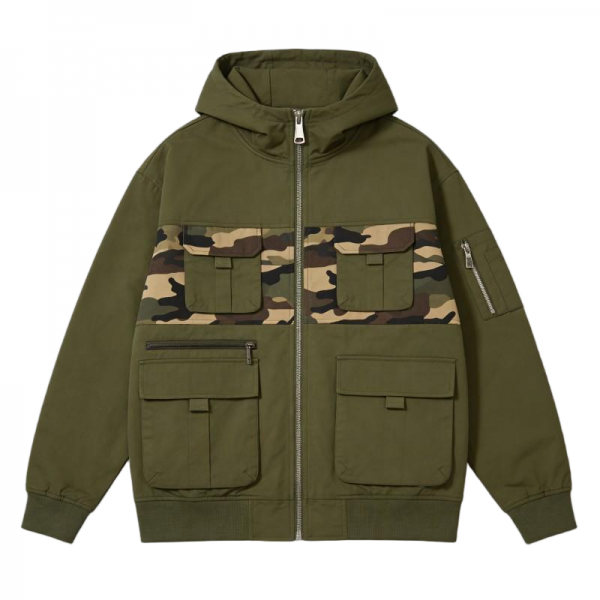 Olive Green Cargo Hooded Jacket with Camo Panel