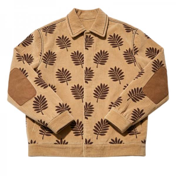 Khaki Corduroy Baseball Jacket with Leaf Print & Suede Patches