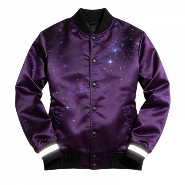 Purple Satin Baseball Jacket with Galaxy Print & Reflective Cuffs
