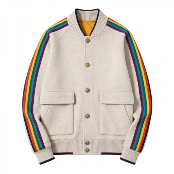 Cream Baseball Jacket with Rainbow Stripes