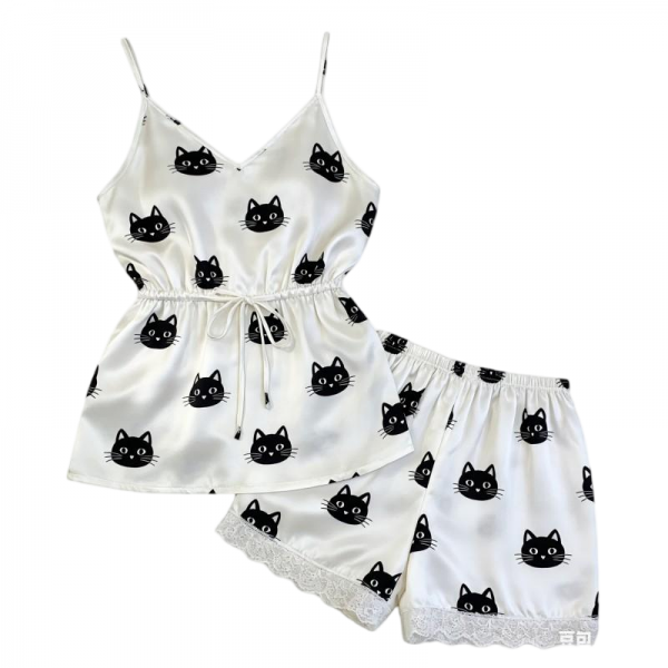 White Satin Camisole Pajama Set with Black Cat Print
