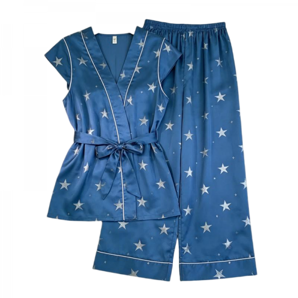 Navy Blue Satin Pajama Set with Silver Star Print