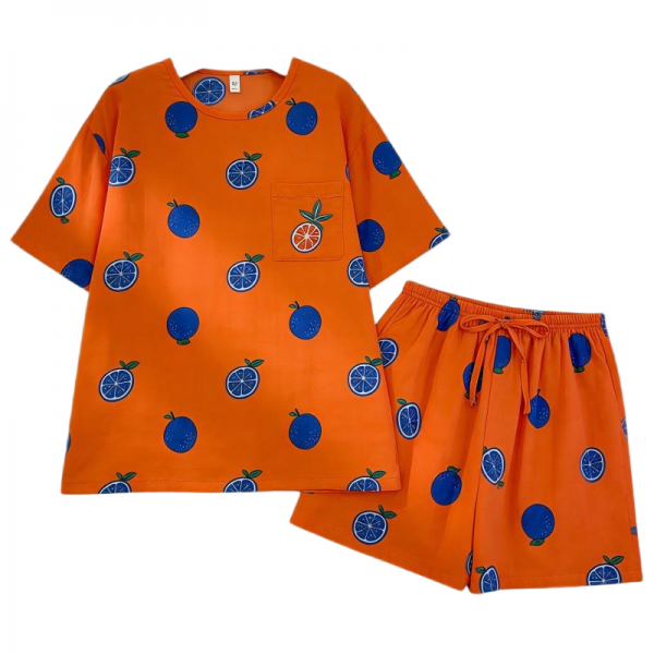 Orange Pajama Set with Blue Citrus Print