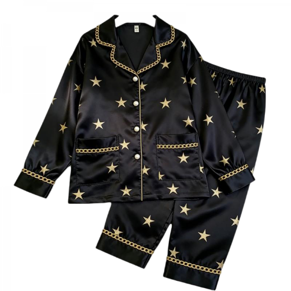 Black Satin Pajama Set with Gold Star & Chain Details