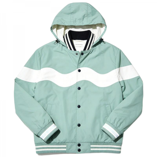 Mint Green Hooded Baseball Jacket with Wave Stripes