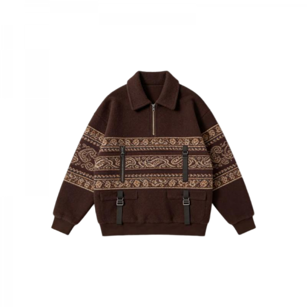 Brown Pullover Jacket with Paisley Stripes & Buckle Details